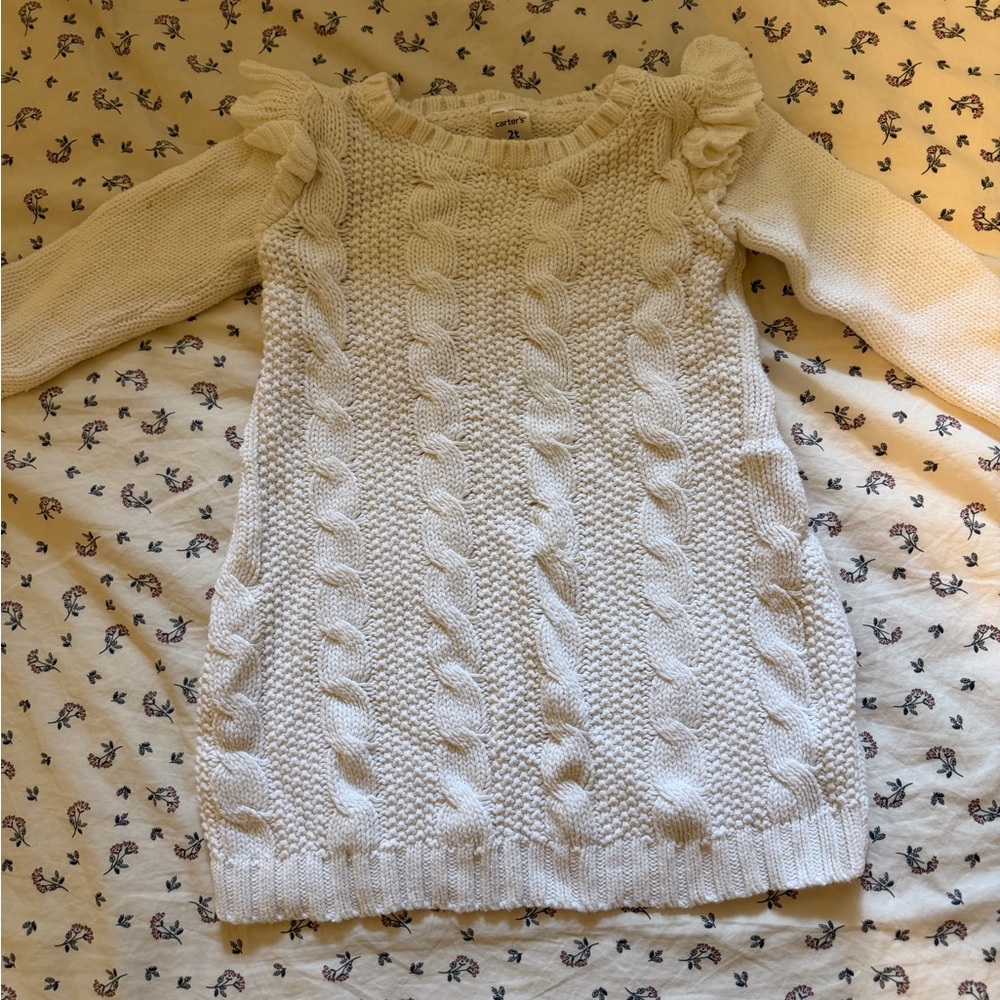 Girls' Toddler Cream Cable-Knit Sweater Dress with Ruffle Shoulders